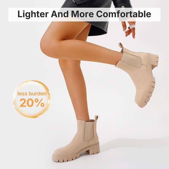 Vepose Women's Beige Faux Chelsea Leather Lug Sole Elastic Slip on Ankle Booties - Picture 3 of 9